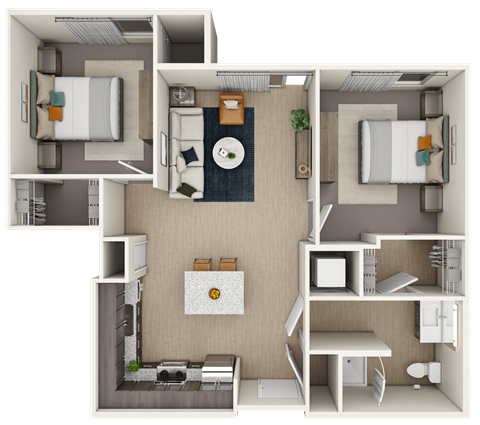 Floor plan for 2 beds, 1 bath, 941 sqft